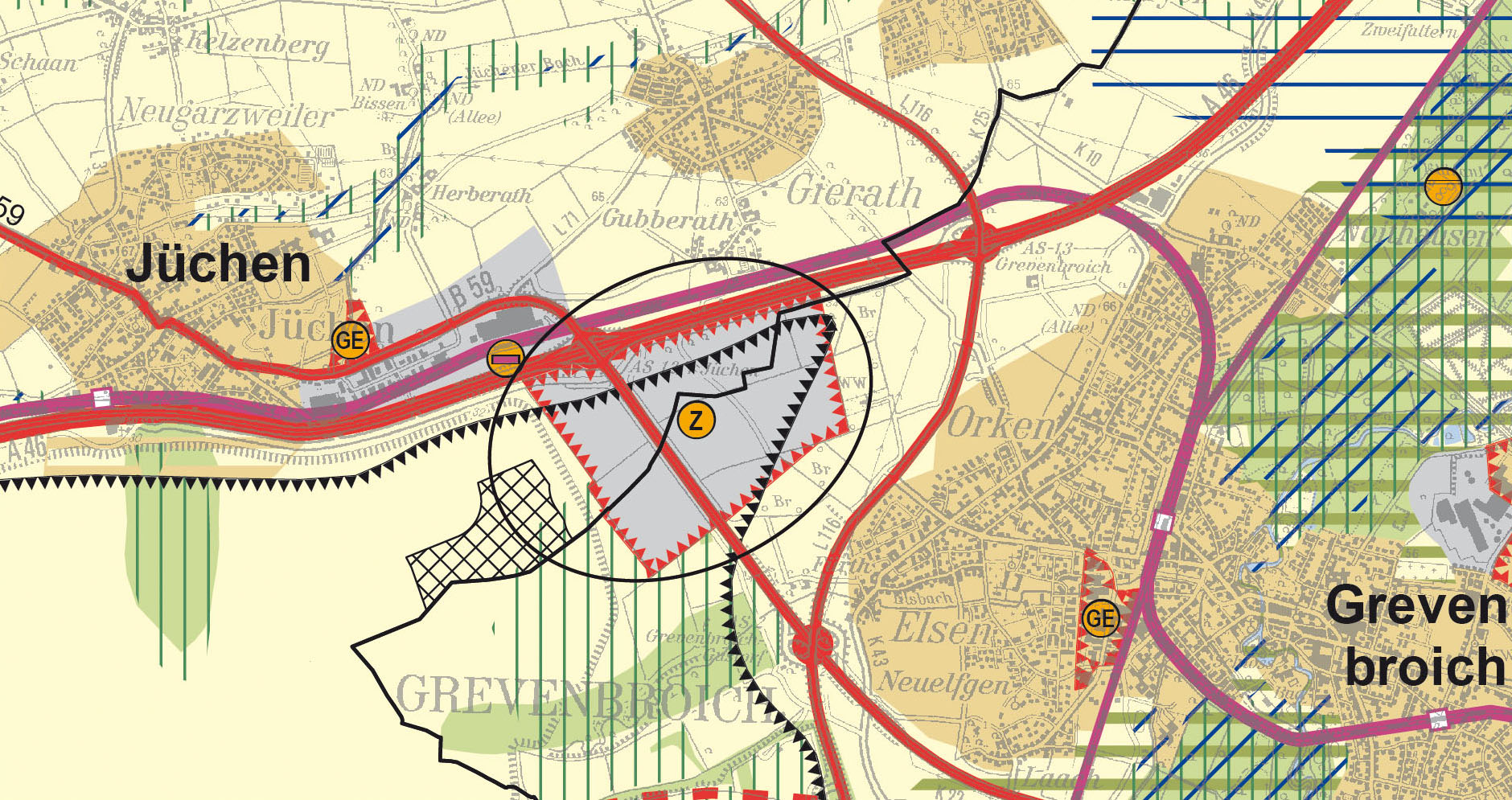 Auszug aus den zeichnerischen Festlegungen des Regionalplans Düsseldorf (RPD) in der Fassung mit den geplanten Änderungen (Blatt 2)