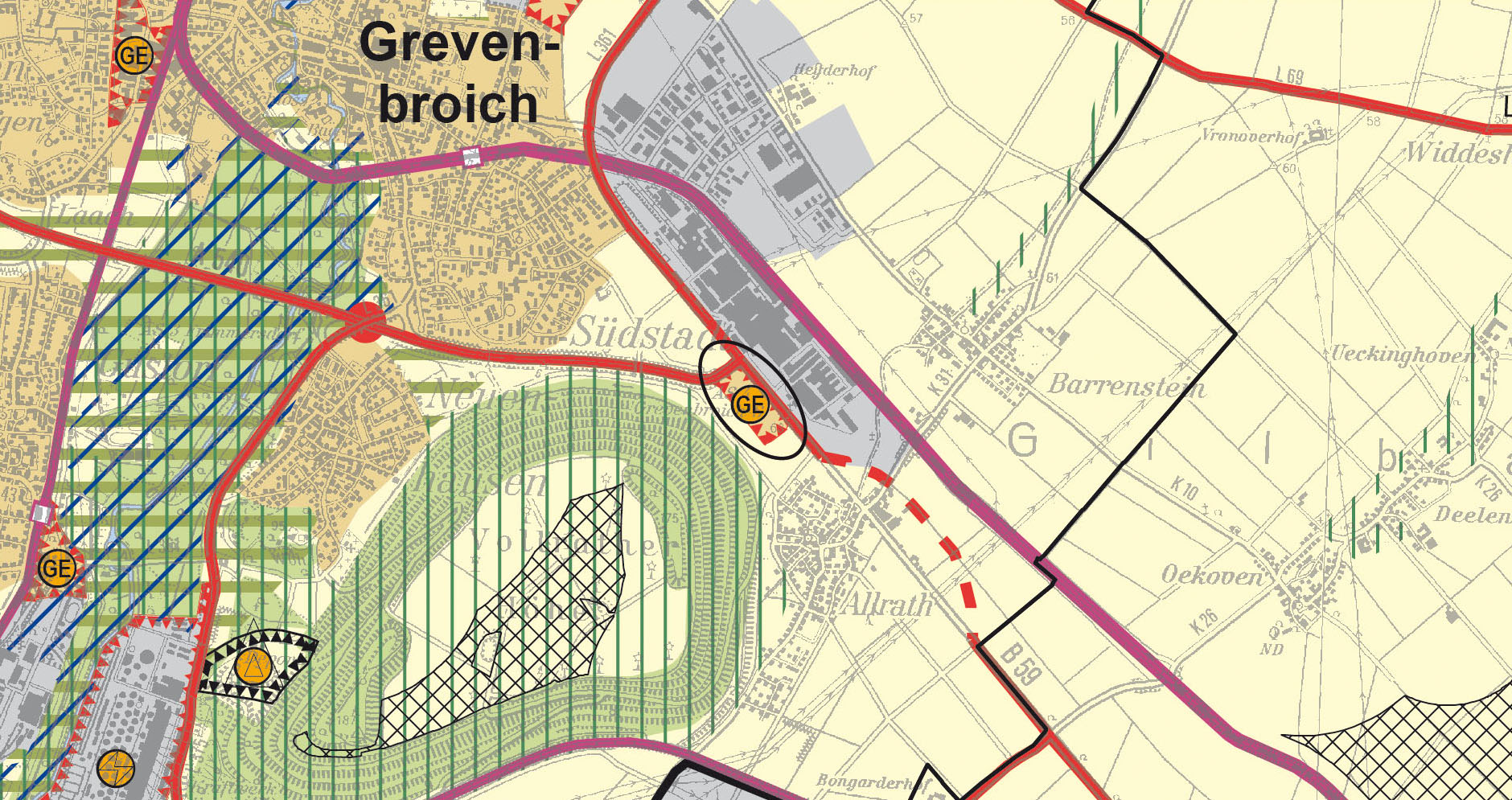 Auszug aus den zeichnerischen Festlegungen des Regionalplans Düsseldorf (RPD) in der Fassung mit den geplanten Änderungen (Blatt 3)