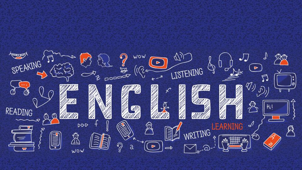 Internet banner about learning English language: white outline icons, symbols, signs on blue background. Line art illustration: learners, book, dictionary, speaking, reading, writing, listening skills