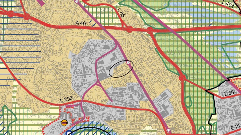 Auszug aus den zeichnerischen Festlegungen des Regionalplans Düsseldorf (RPD)  in der Fassung mit den geplanten Änderungen (Screening)