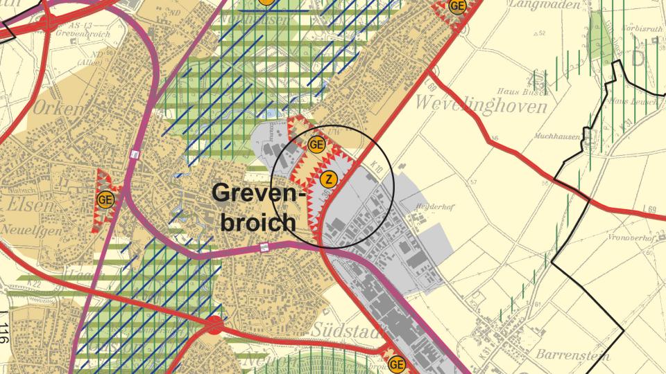 Auszug aus den zeichnerischen Festlegungen des Regionalplans Düsseldorf (RPD) in der Fassung mit den geplanten Änderungen (Aufstellungsbeschluss)