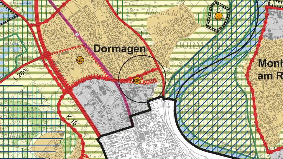 Auszug aus den zeichnerischen Festlegungen des Regionalplans Düsseldorf (RPD) in der Fassung mit den geplanten Änderungen