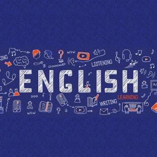 Internet banner about learning English language: white outline icons, symbols, signs on blue background. Line art illustration: learners, book, dictionary, speaking, reading, writing, listening skills