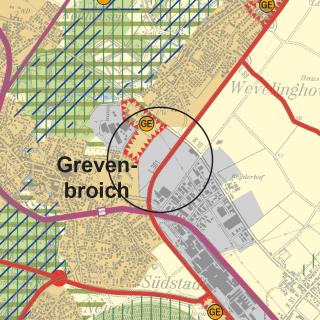 Auszug aus den zeichnerischen Festlegungen des Regionalplans Düsseldorf (RPD) in der Fassung mit den geplanten Änderungen (Aufstellungsbeschluss)