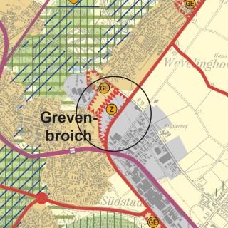 Auszug aus den zeichnerischen Festlegungen des Regionalplans Düsseldorf (RPD) in der Fassung mit den geplanten Änderungen (Aufstellungsbeschluss)