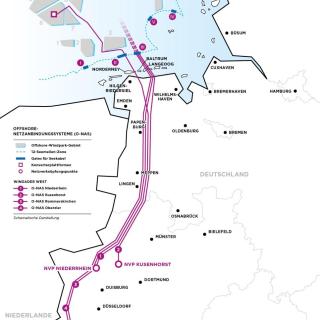 Karte der geplanten Offshore-Netzanbindungssysteme der „Windader West“